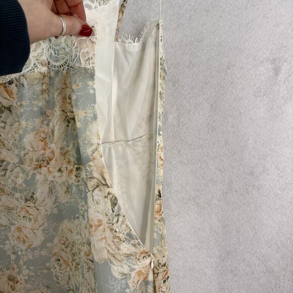 Vici x Fate Exclusive Sz L Dusty Blue Pink Peach Flowers Floral Lace Maxi Dress - Picture 8 of 11